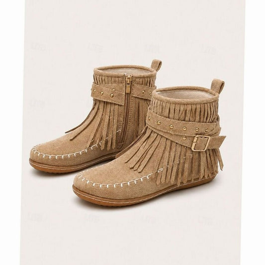 Women's Fringe Moccasin Flat Ankle Boots with Buckle Strap and Side Zip