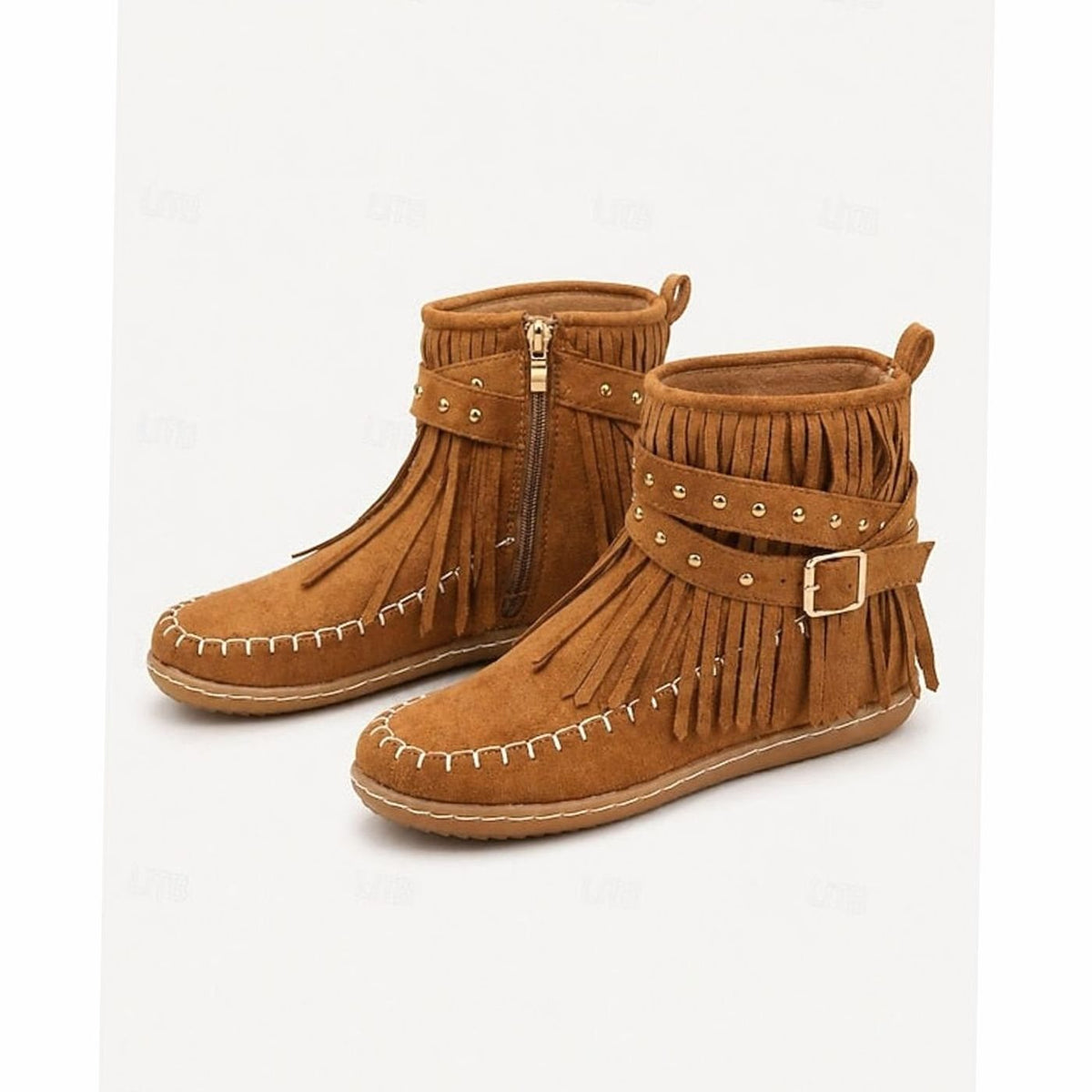 Women's Fringe Moccasin Flat Ankle Boots with Buckle Strap and Side Zip