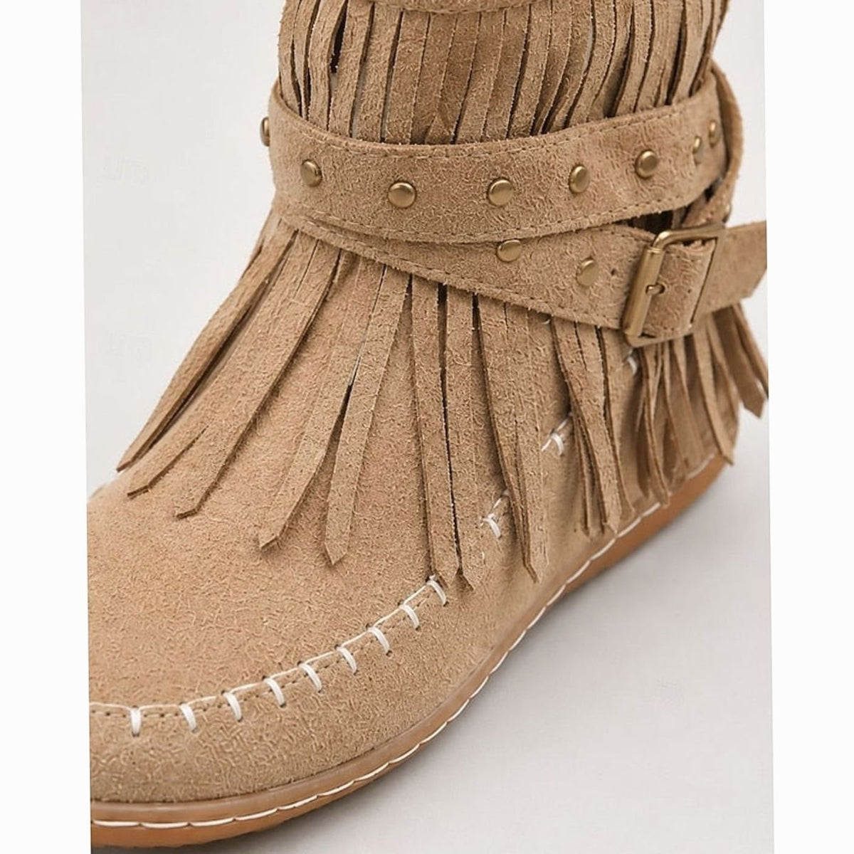 Women's Fringe Moccasin Flat Ankle Boots with Buckle Strap and Side Zip