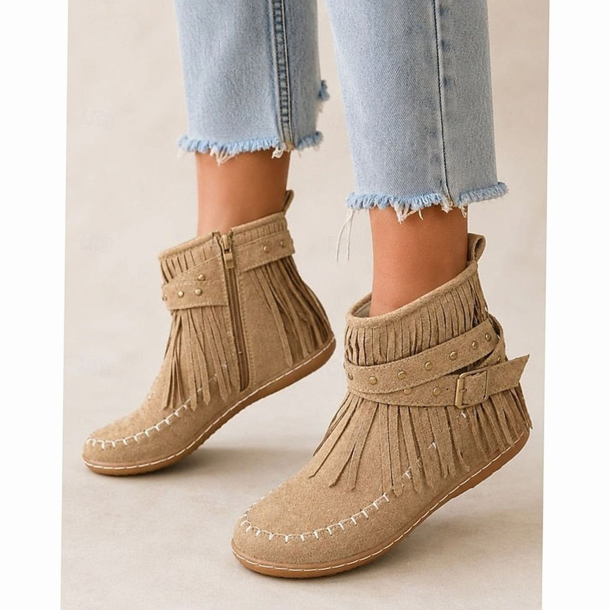 Women's Fringe Moccasin Flat Ankle Boots with Buckle Strap and Side Zip