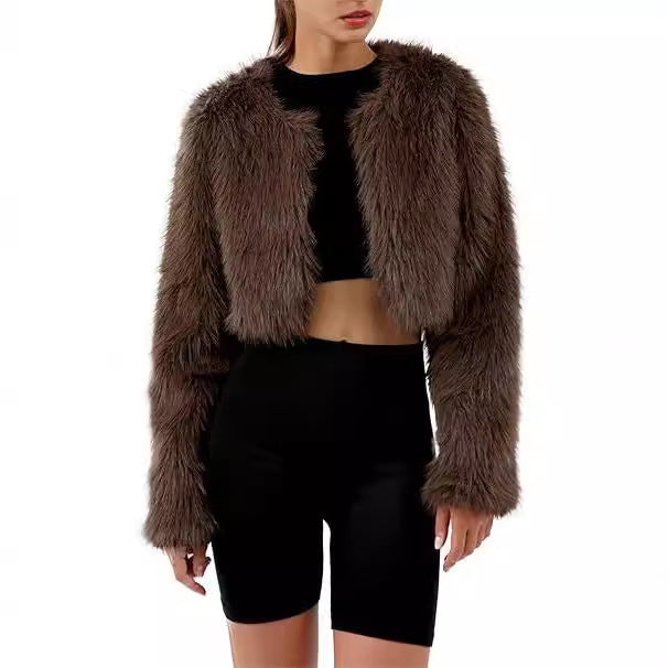 Women's Glamorous Cropped Faux Fur Jacket with Loose Sleeves