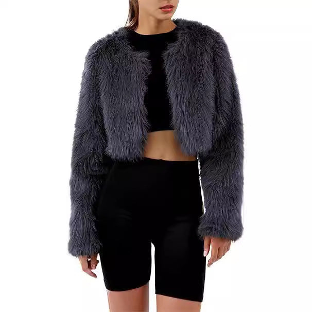 Women's Glamorous Cropped Faux Fur Jacket with Loose Sleeves