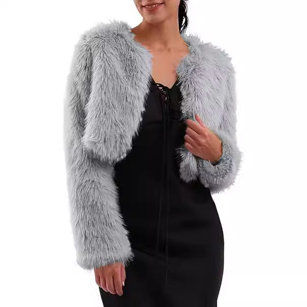 Women's Glamorous Cropped Faux Fur Jacket with Loose Sleeves