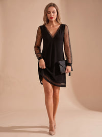 Robe de soirée de Noël pour femme en résille pailletée, à manches longues et col en V