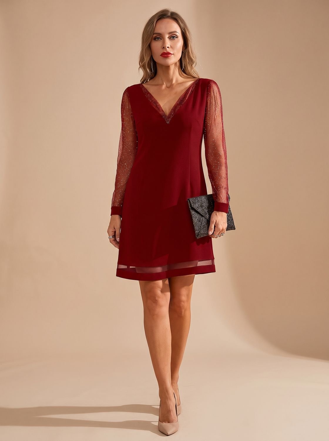 Robe de soirée de Noël pour femme en résille pailletée, à manches longues et col en V