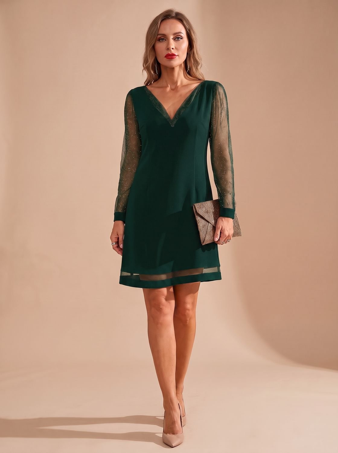 Robe de soirée de Noël pour femme en résille pailletée, à manches longues et col en V