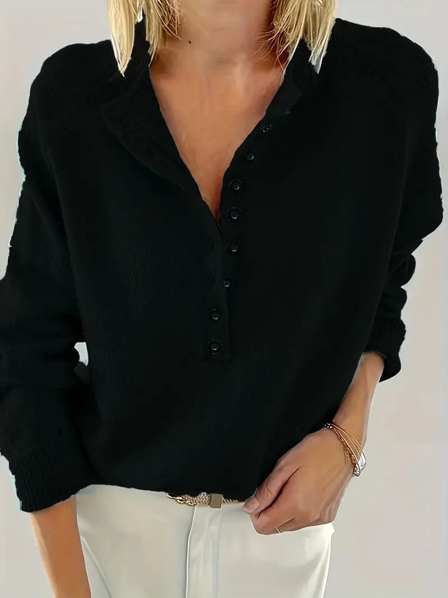 Women's Half-Button V-Neck Knit Pullover Sweater