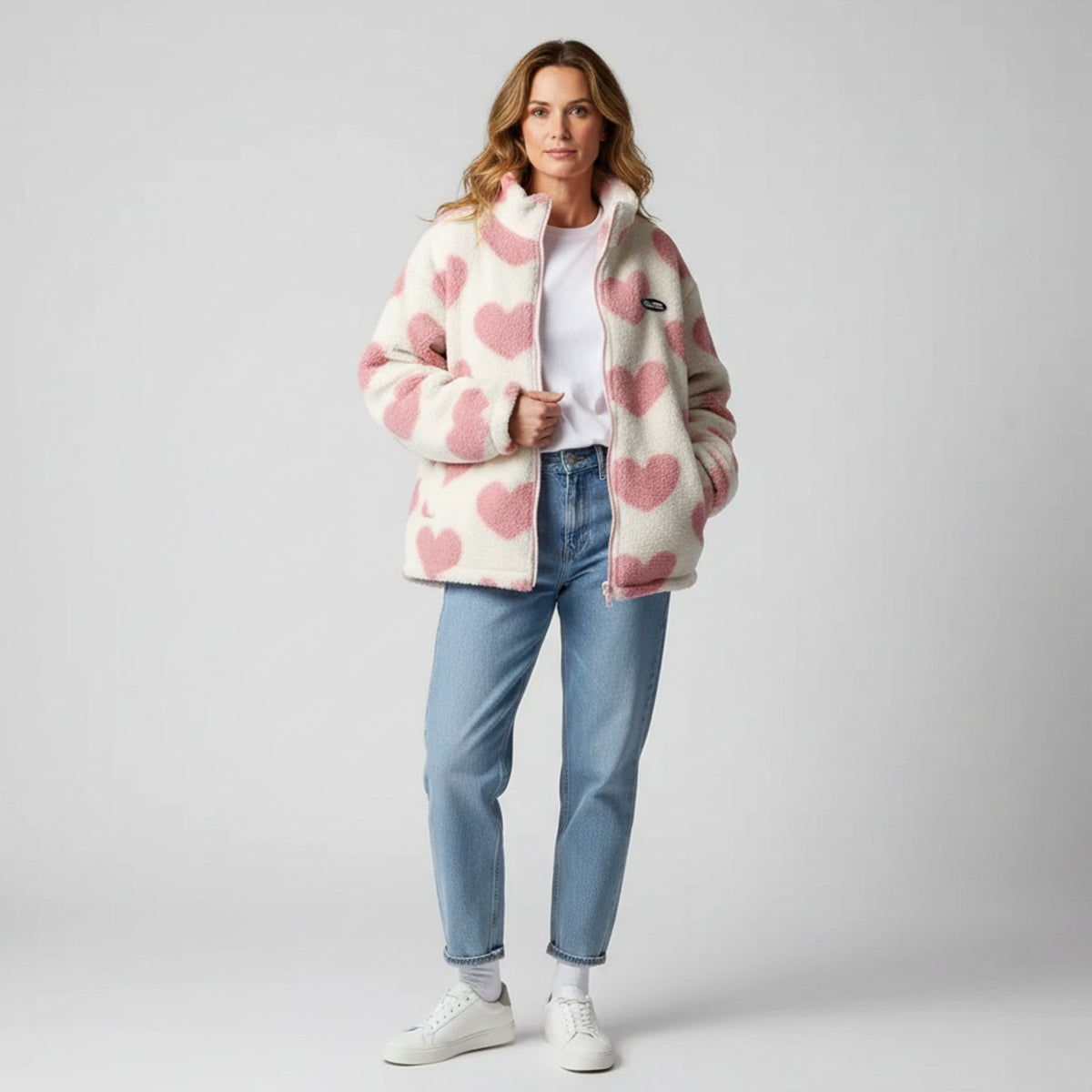 Veste polaire zippée en sherpa pour femme, avec imprimé cœurs