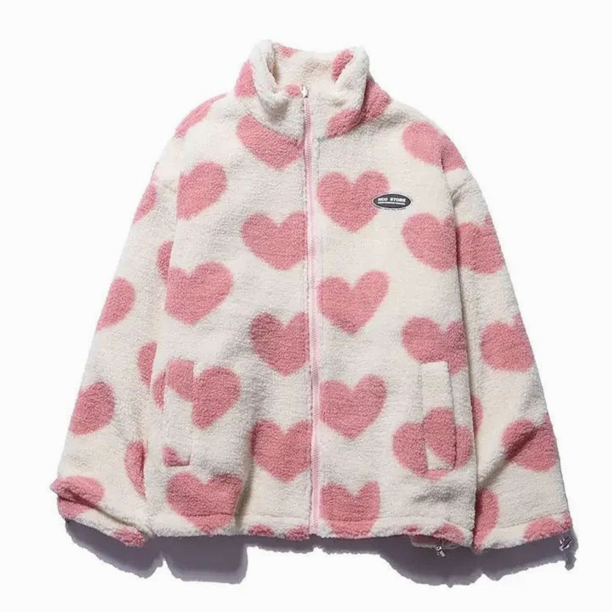 Veste polaire zippée en sherpa pour femme, avec imprimé cœurs