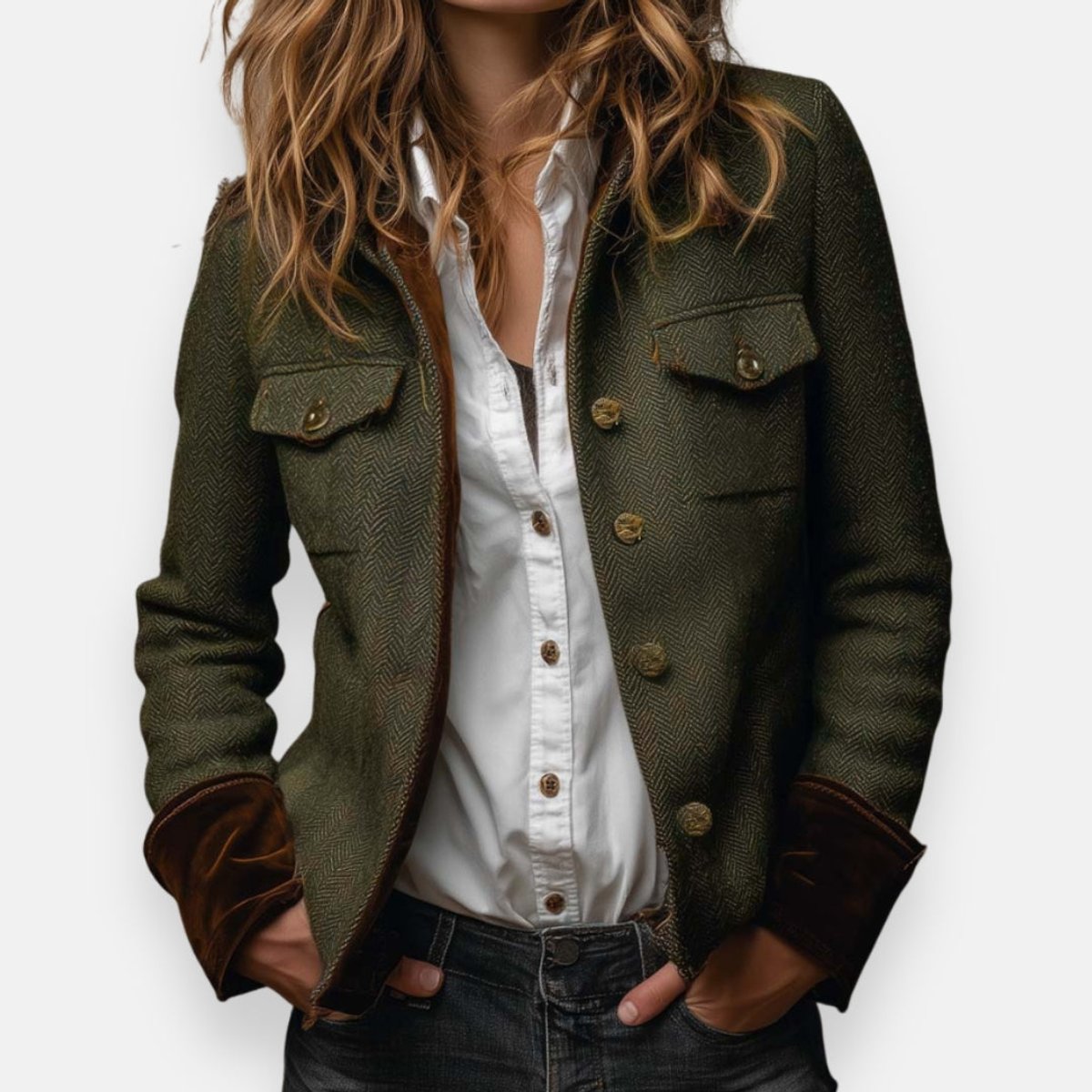Women's Herringbone Tweed Utility Jacket Gold Button Outerwear