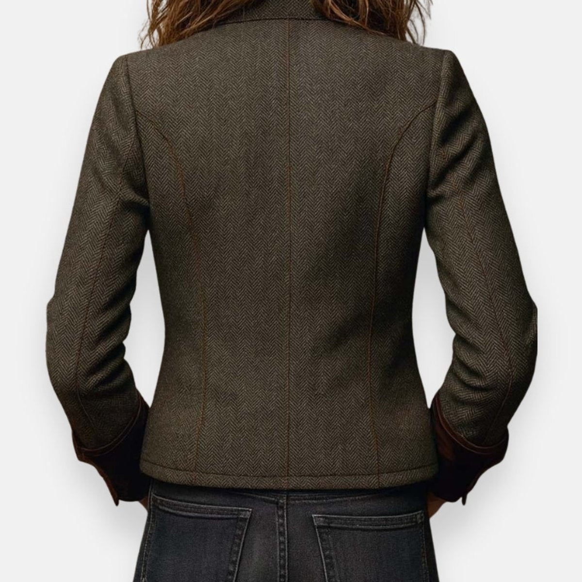 Women's Herringbone Tweed Utility Jacket Gold Button Outerwear