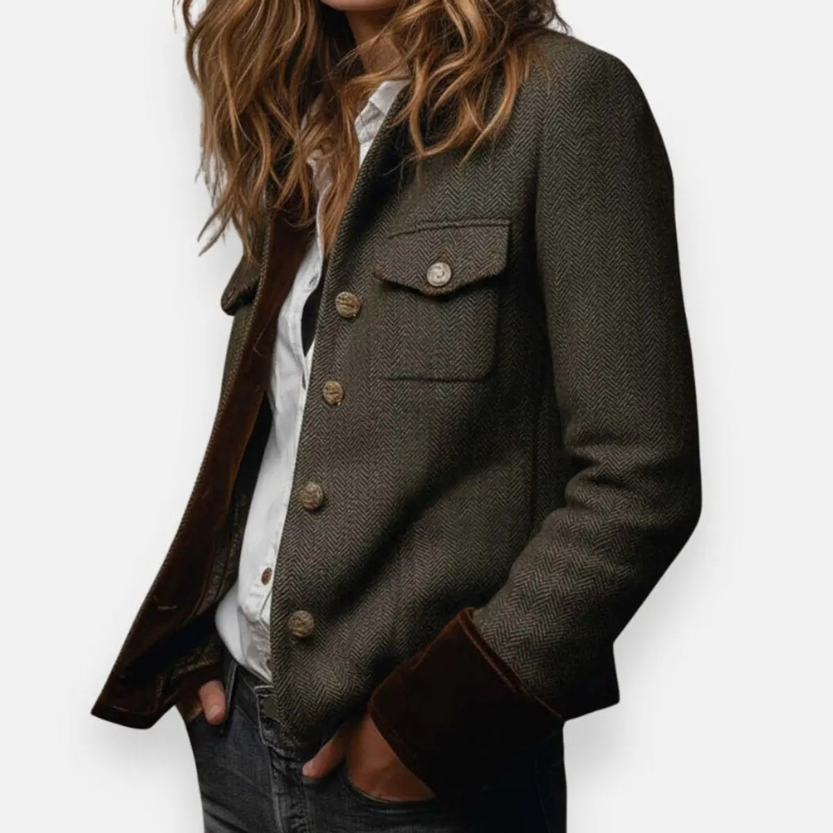 Veste utilitaire matelassée pour femme en tweed à chevrons avec boutons dorés