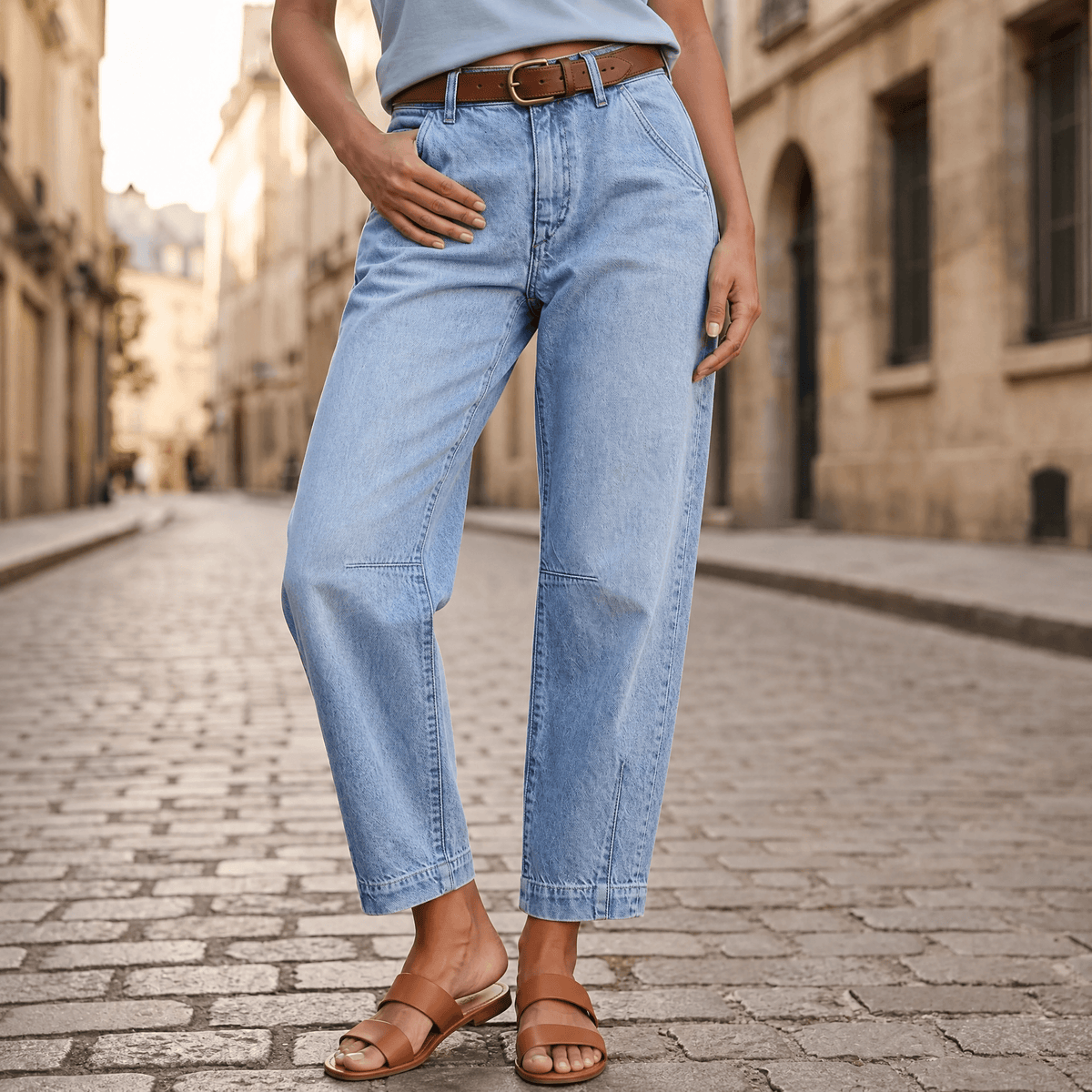 Jean raccourci pour femme, taille haute et jambes ballon
