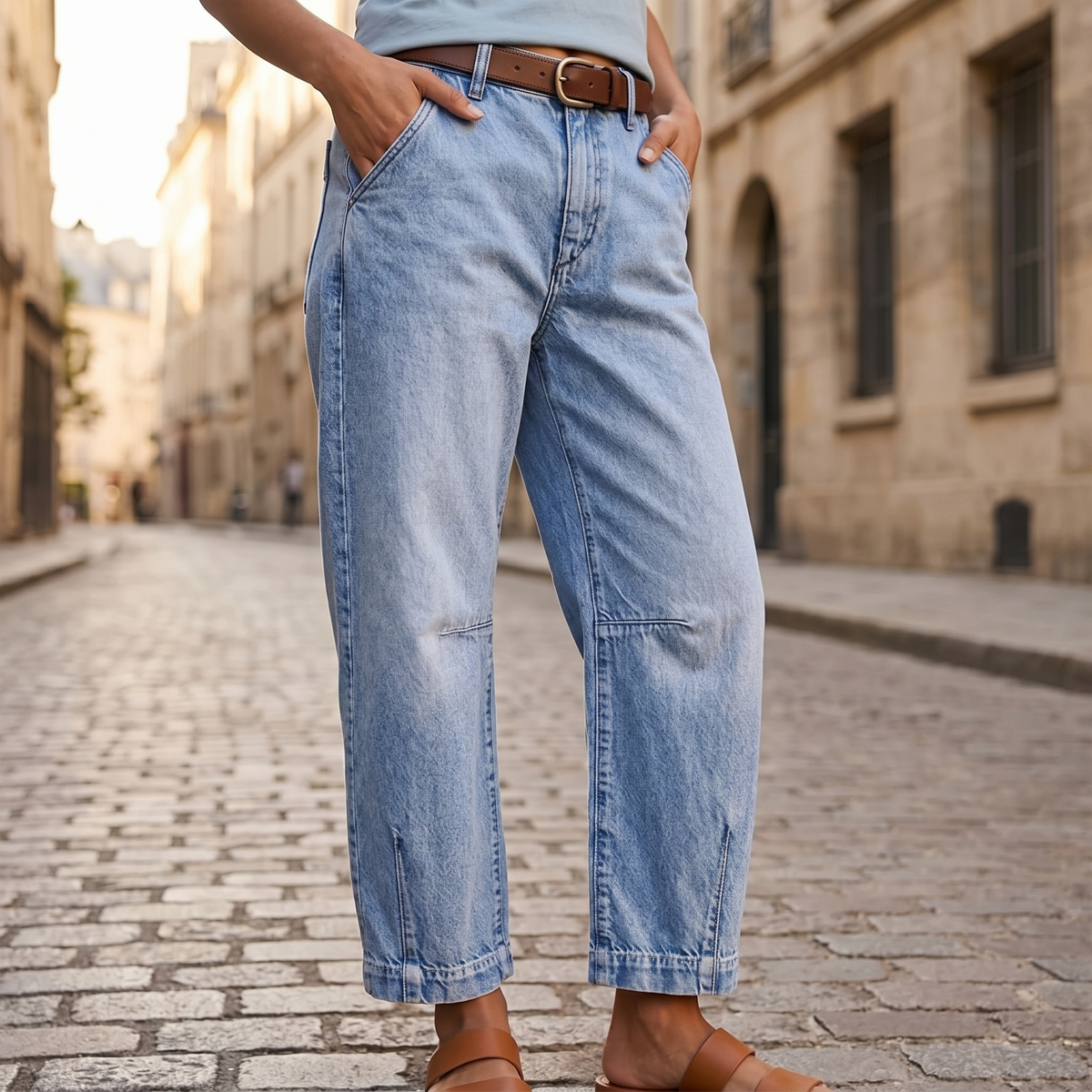 Jean raccourci pour femme, taille haute et jambes ballon