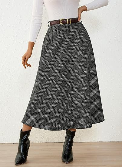 Jupe midi trapèze à carreaux taille haute pour femme avec poches latérales