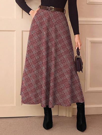Jupe midi trapèze à carreaux taille haute pour femme avec poches latérales