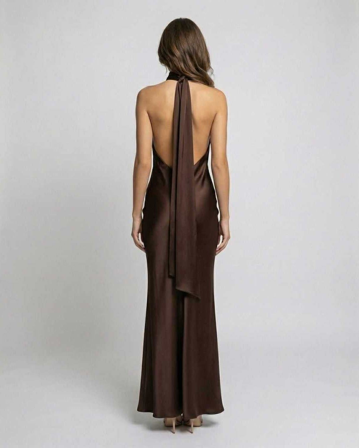 Robe longue en satin taille haute pour femmes, à col licou
