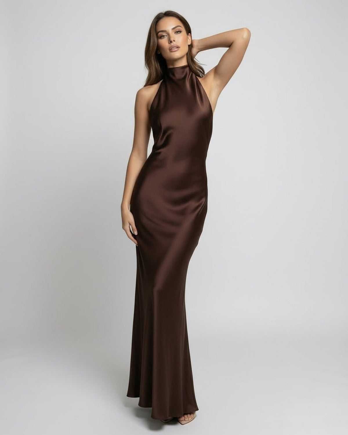 Robe longue en satin taille haute pour femmes, à col licou