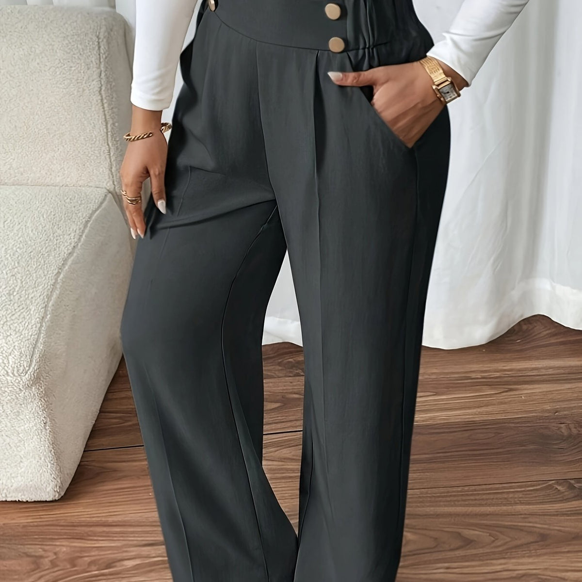 Women's High-Waist Wide-Leg Trousers with Button Detail