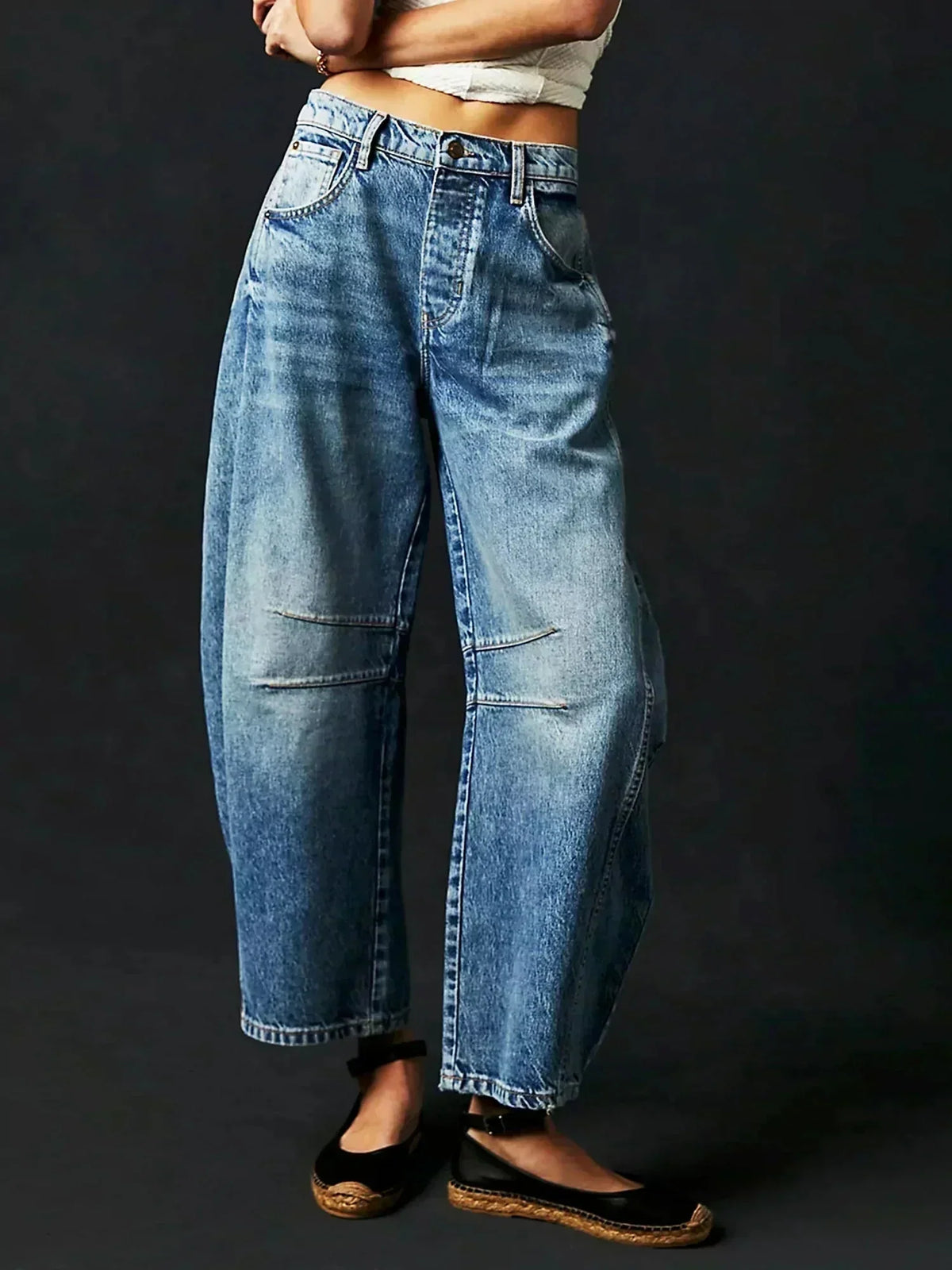 Jean tonneau boutonné taille haute pour femme