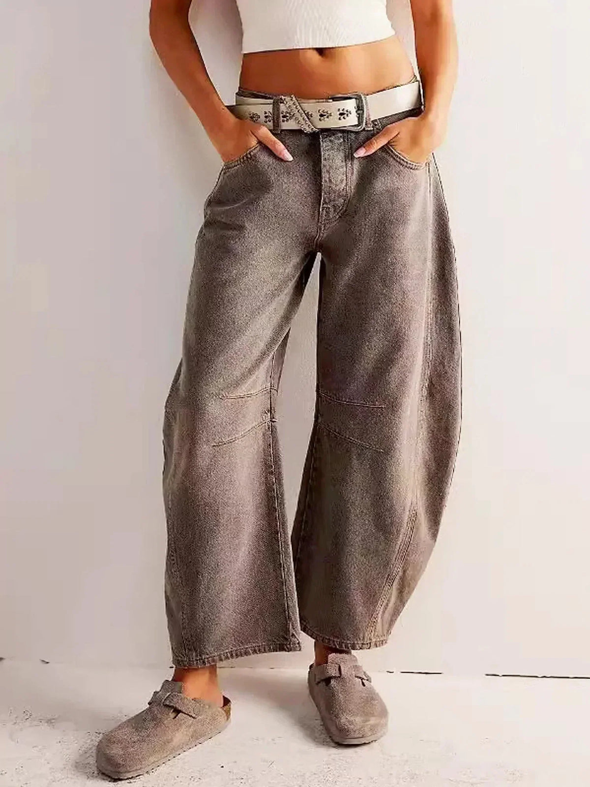 Jean tonneau boutonné taille haute pour femme