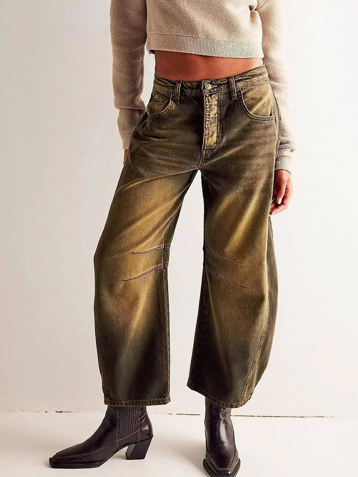 Jean tonneau boutonné taille haute pour femme