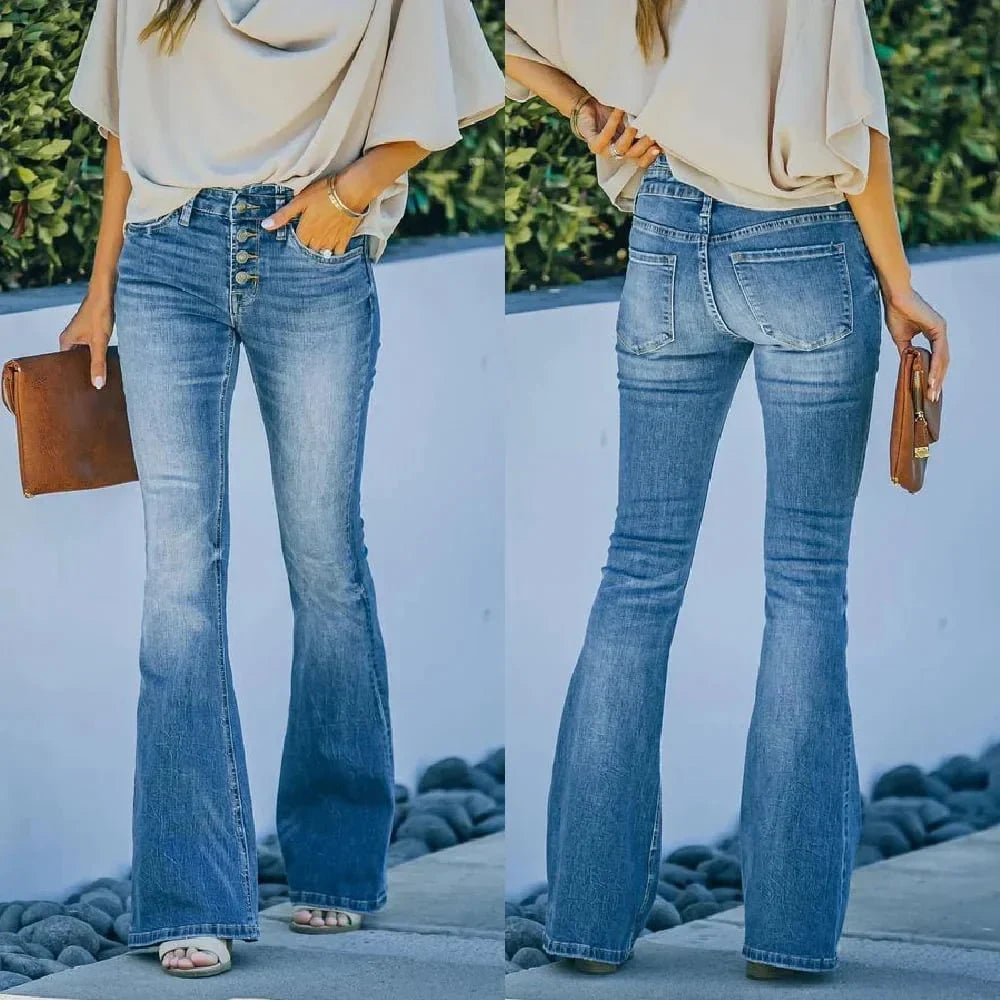 Women's High-Waisted Button-Fly Stretch Denim Flare Jeans
