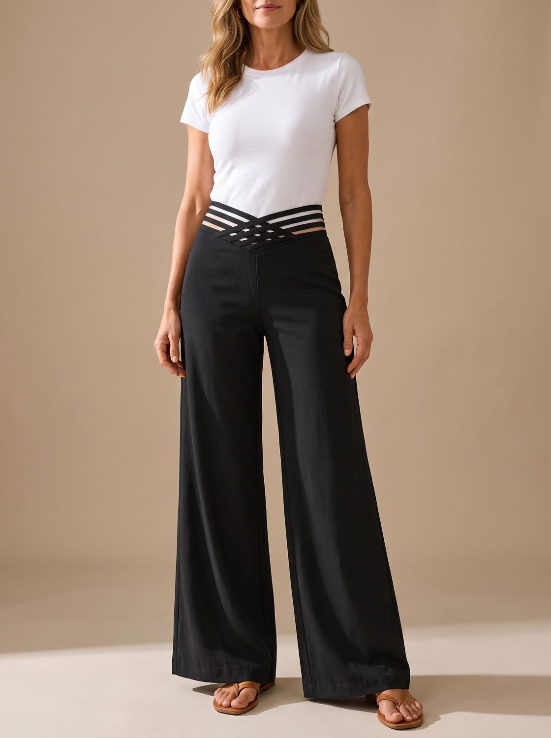 Women's High-Waisted Crossover Waistband Wide-Leg Pants