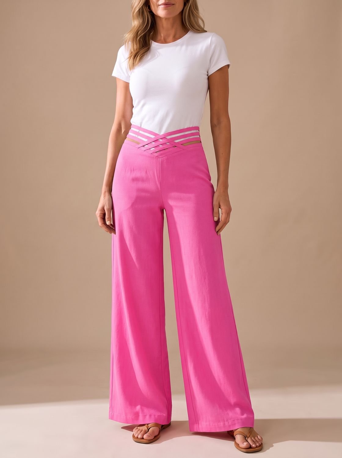 Women's High-Waisted Crossover Waistband Wide-Leg Pants
