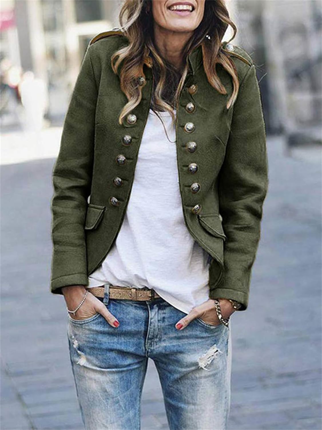Veste militaire pour femme, longueur aux hanches, avec épaulettes