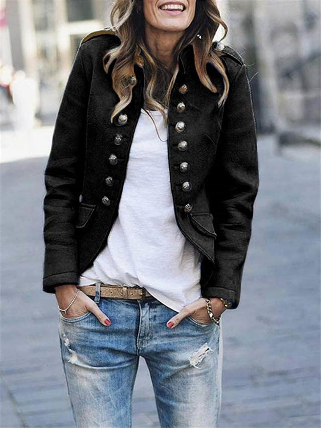 Veste militaire pour femme, longueur aux hanches, avec épaulettes