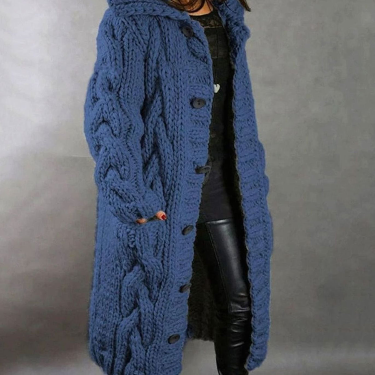 Gilet-pull long à capuche, torsadé, boutonné sur le devant, pour femme