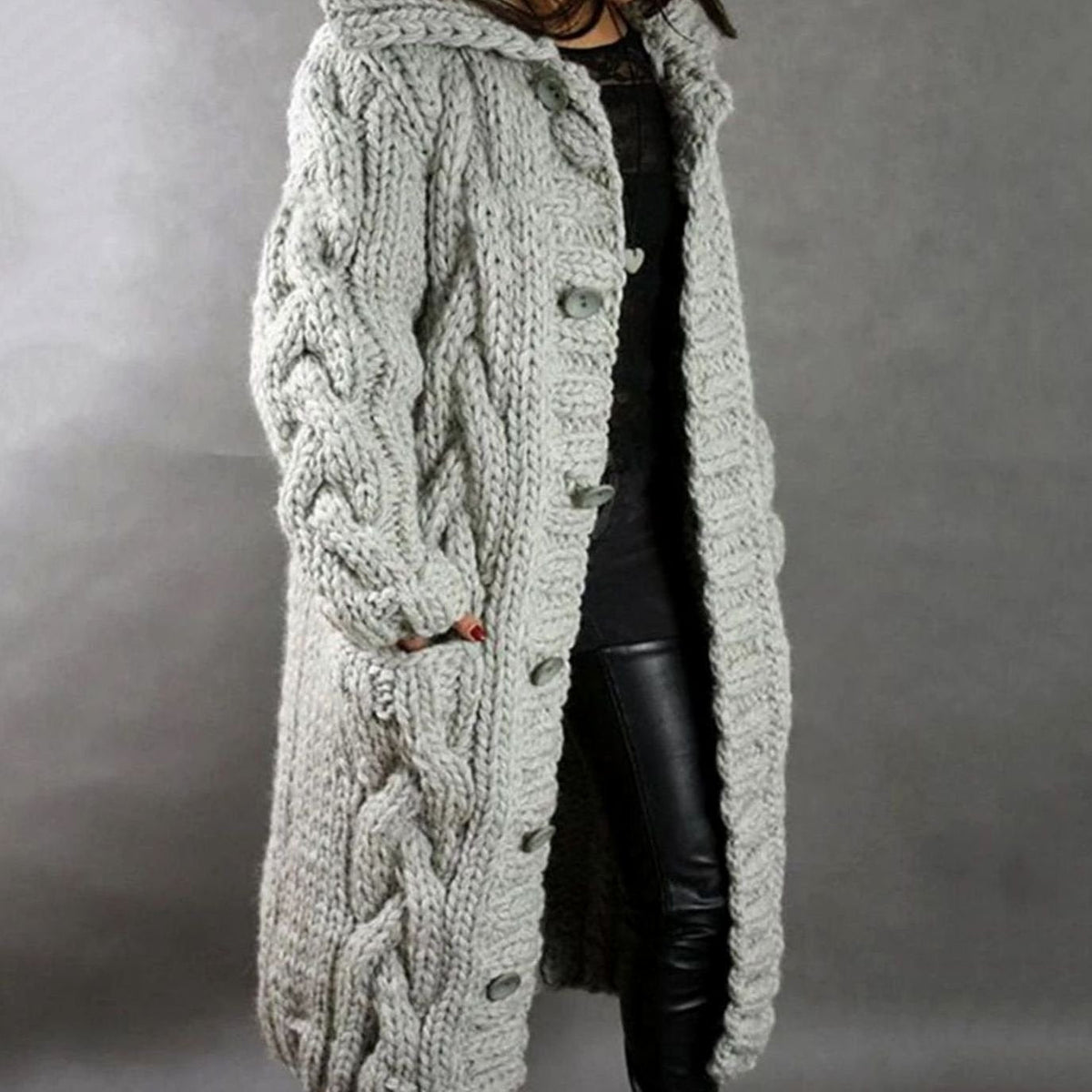 Gilet-pull long à capuche, torsadé, boutonné sur le devant, pour femme