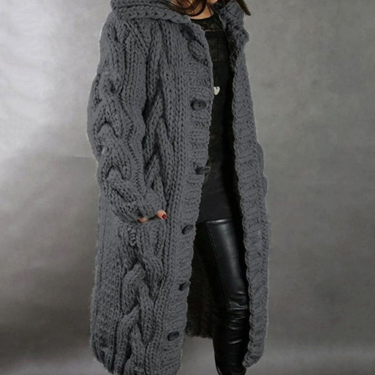 Gilet-pull long à capuche, torsadé, boutonné sur le devant, pour femme
