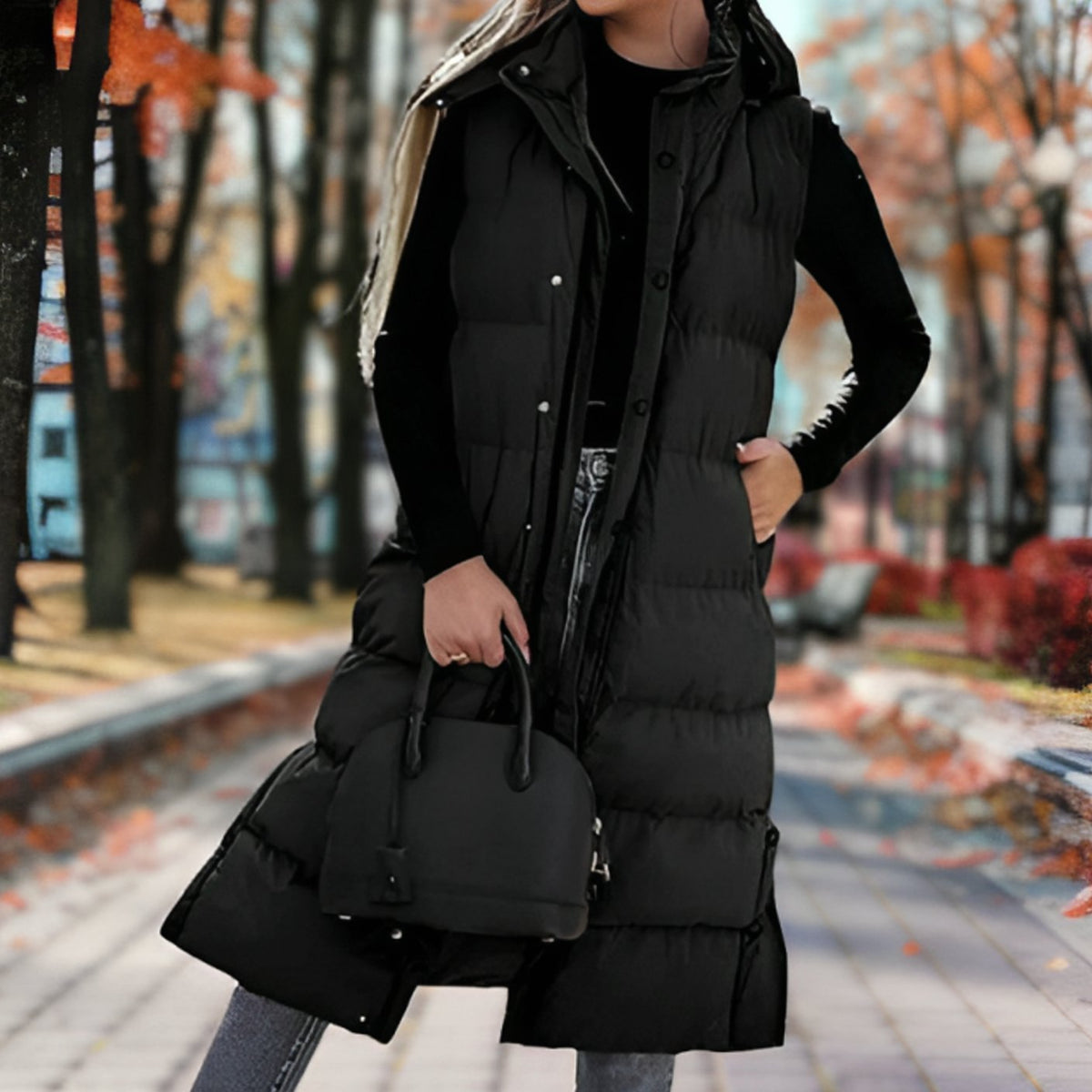 Long manteau doudoune sans manches à capuche pour femme