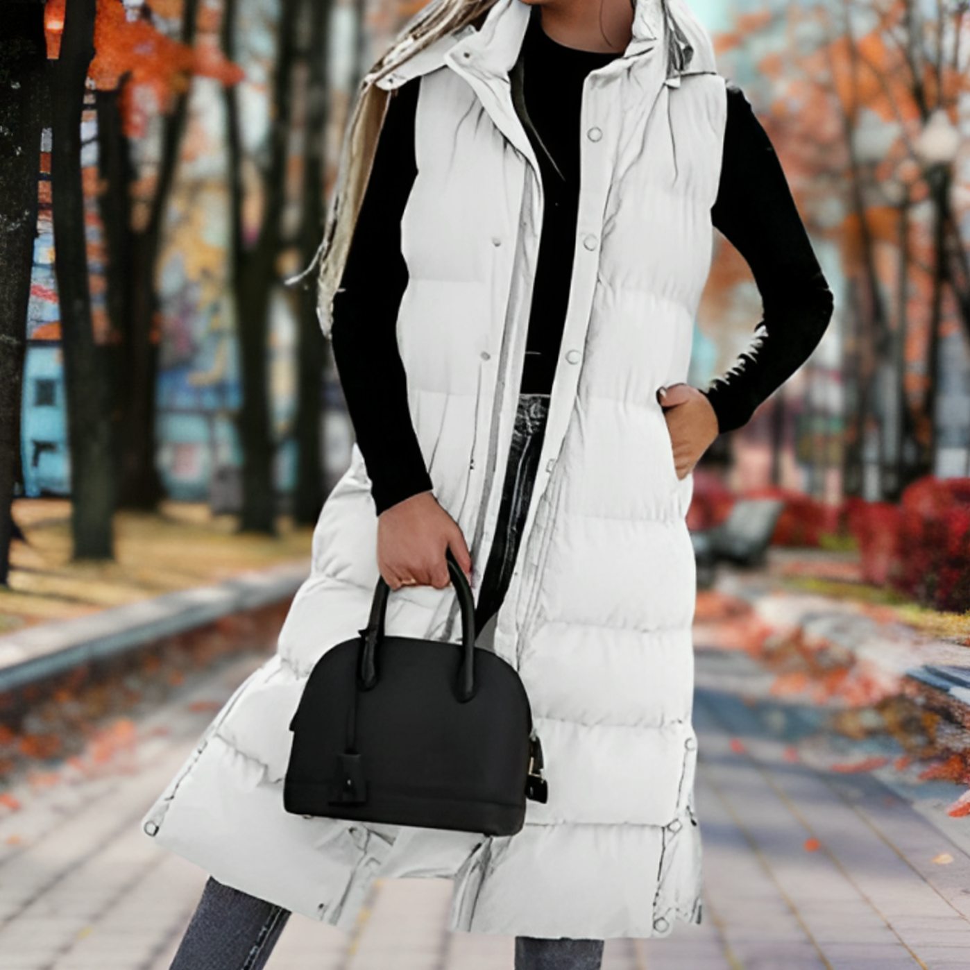 Long manteau doudoune sans manches à capuche pour femme