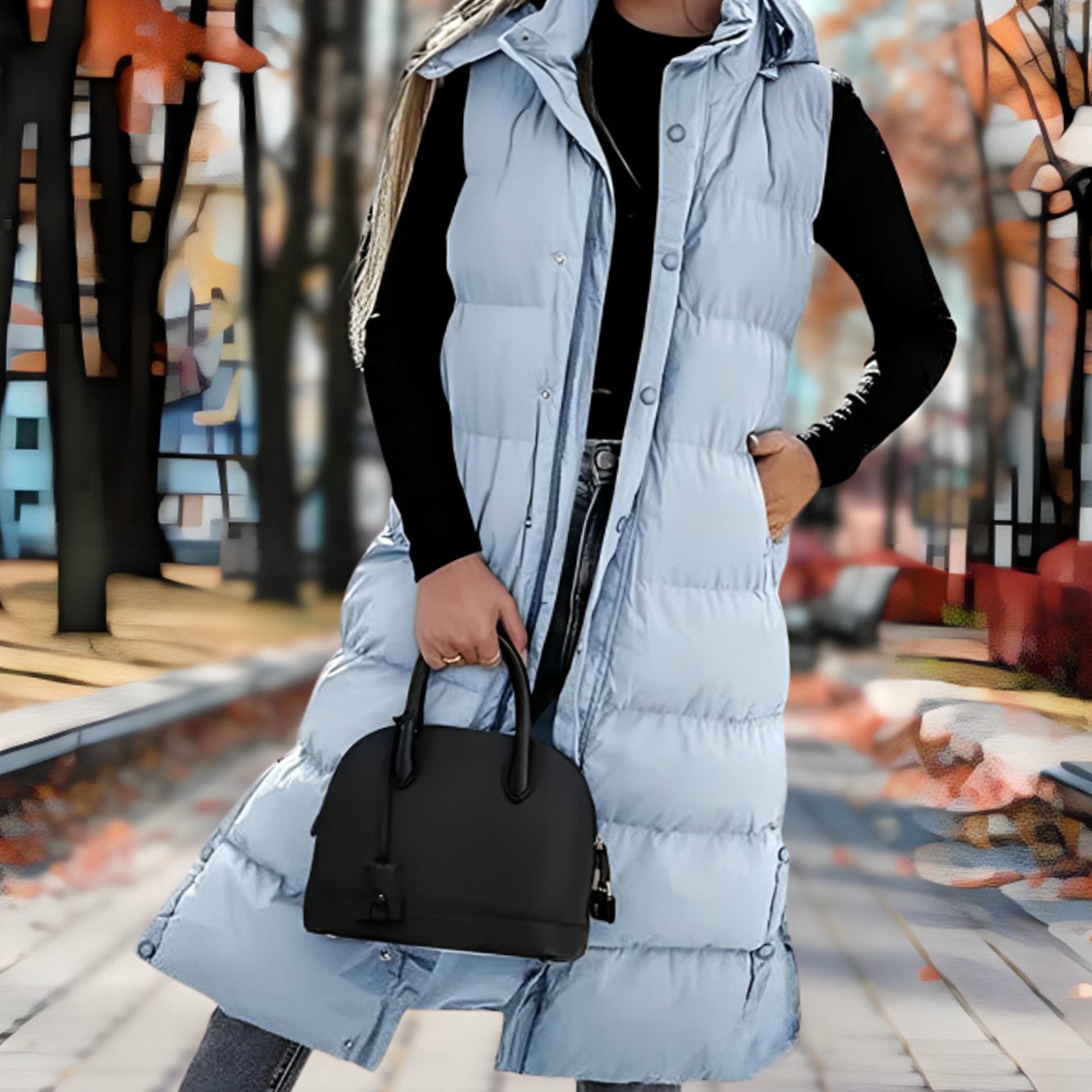 Long manteau doudoune sans manches à capuche pour femme