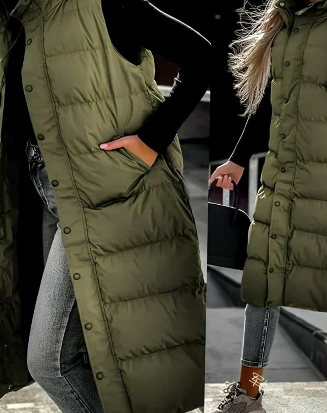 Long manteau doudoune sans manches à capuche pour femme
