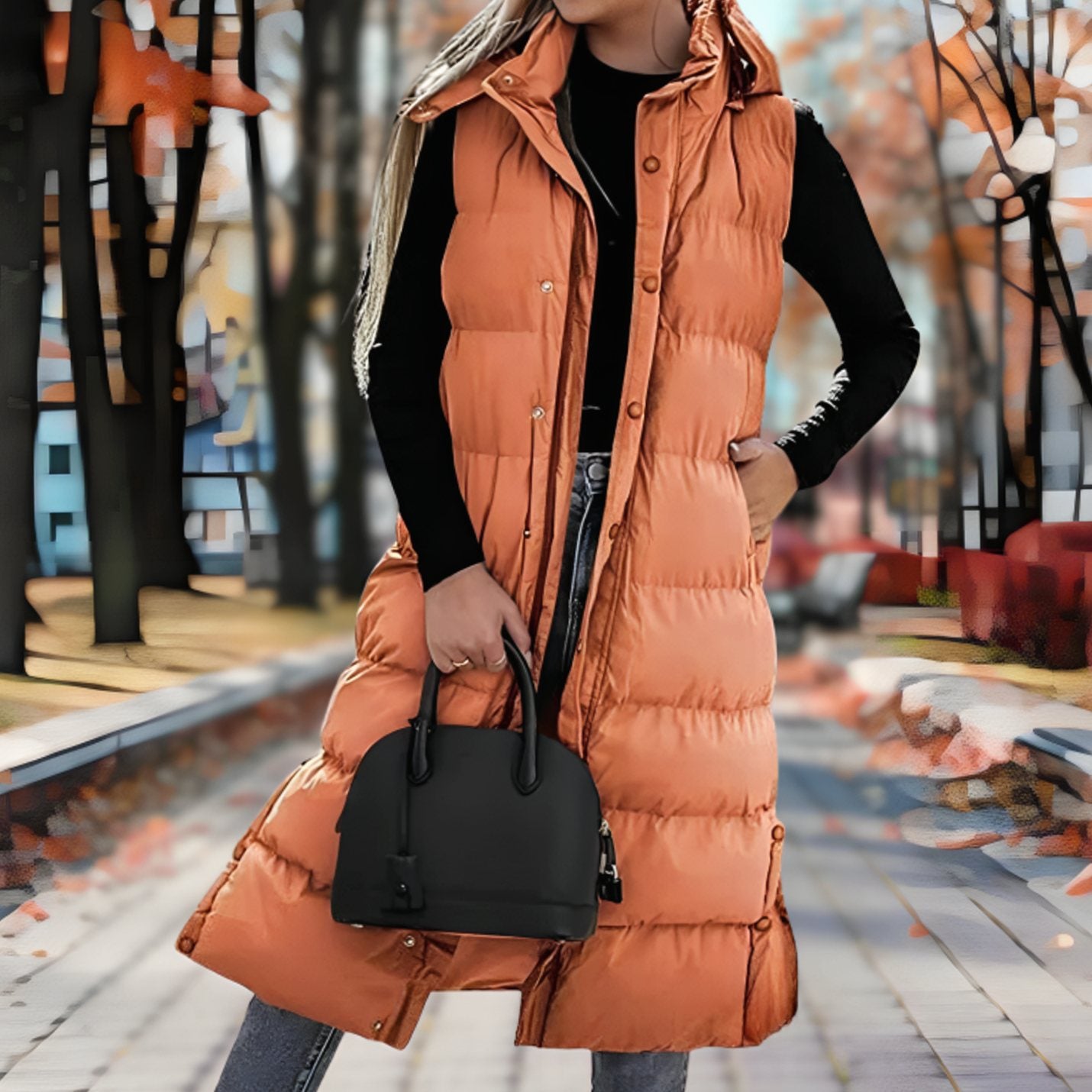 Long manteau doudoune sans manches à capuche pour femme
