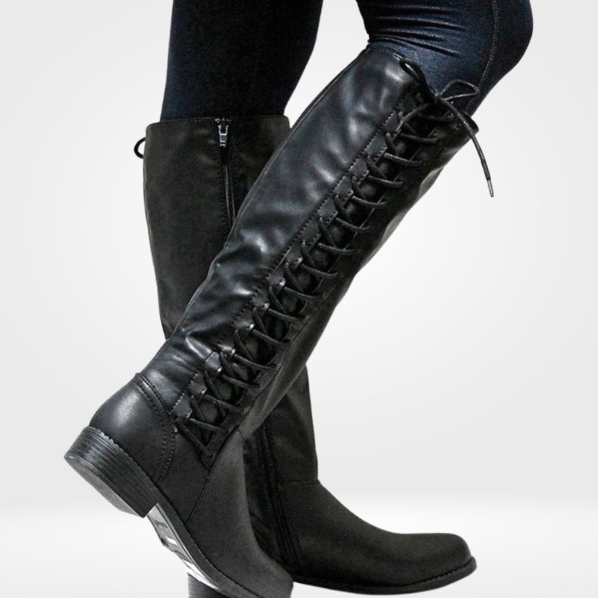 Women's Knee-High Boots with Back Lacing and Low Block Heel