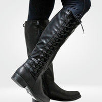 Women's Knee-High Boots with Back Lacing and Low Block Heel