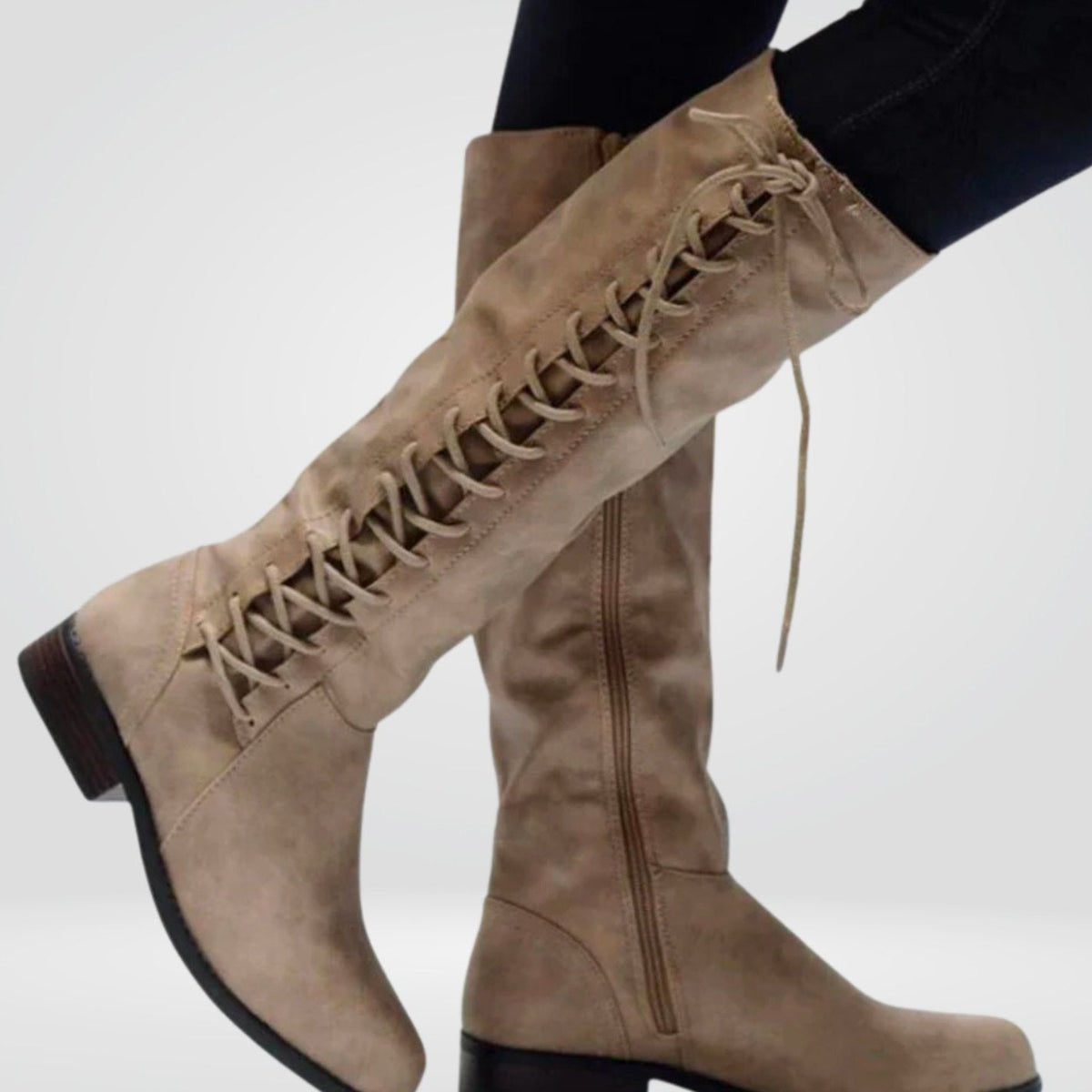 Women's Knee-High Boots with Back Lacing and Low Block Heel