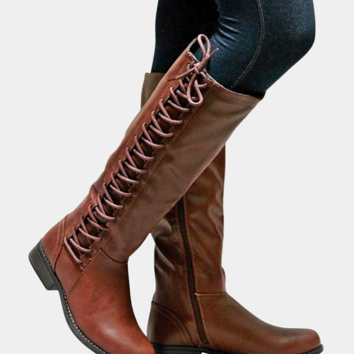 Women's Knee-High Boots with Back Lacing and Low Block Heel