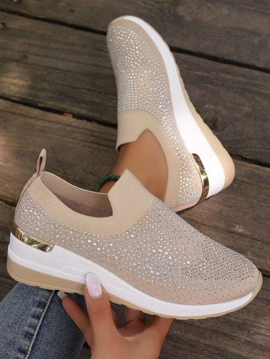 Women's Knit Slip-On Sneakers with Rhinestone Trim, Elastic Entry, and Cushioned Platform Sole
