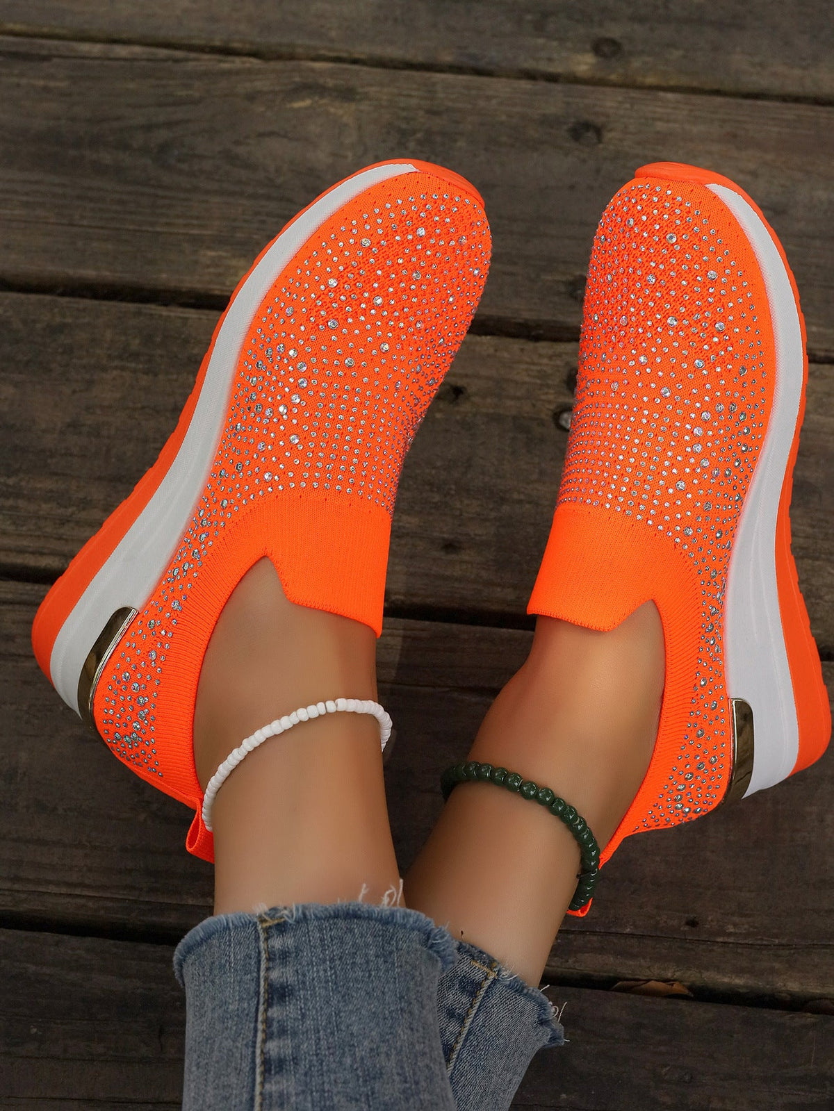 Women's Knit Slip-On Sneakers with Rhinestone Trim, Elastic Entry, and Cushioned Platform Sole
