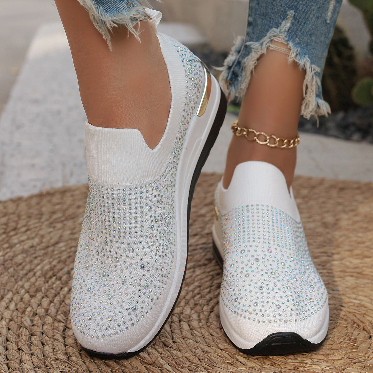 Women's Knit Slip-On Sneakers with Rhinestone Trim, Elastic Entry, and Cushioned Platform Sole