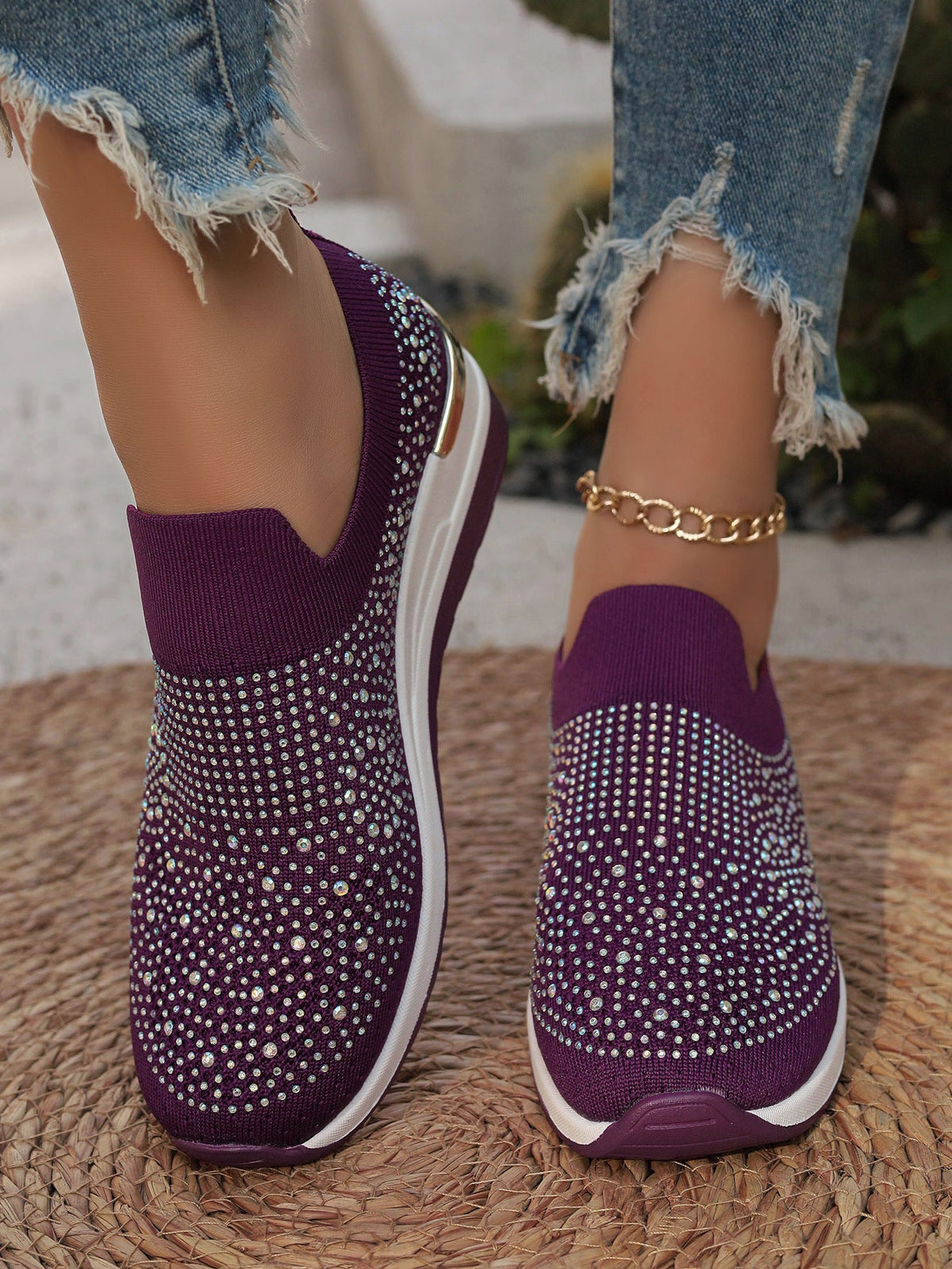 Women's Knit Slip-On Sneakers with Rhinestone Trim, Elastic Entry, and Cushioned Platform Sole