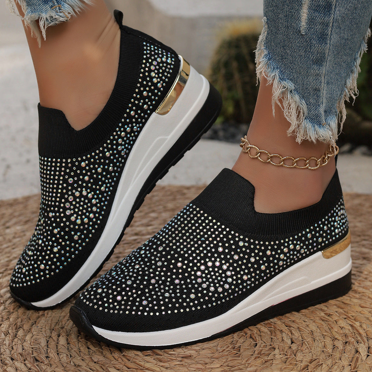 Women's Knit Slip-On Sneakers with Rhinestone Trim, Elastic Entry, and Cushioned Platform Sole