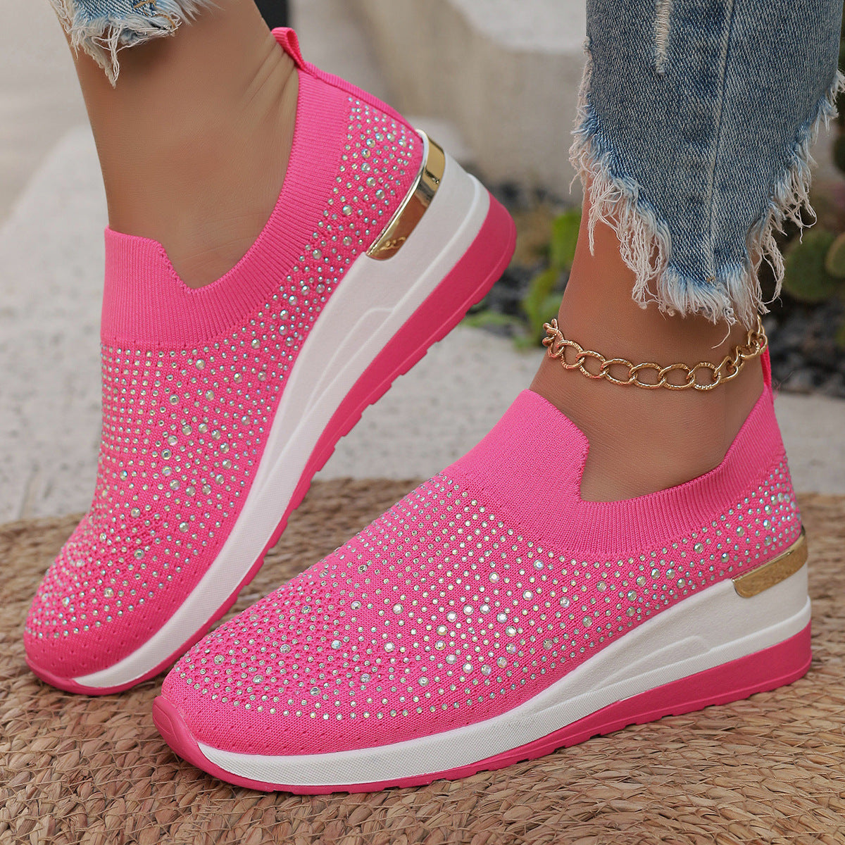 Women's Knit Slip-On Sneakers with Rhinestone Trim, Elastic Entry, and Cushioned Platform Sole
