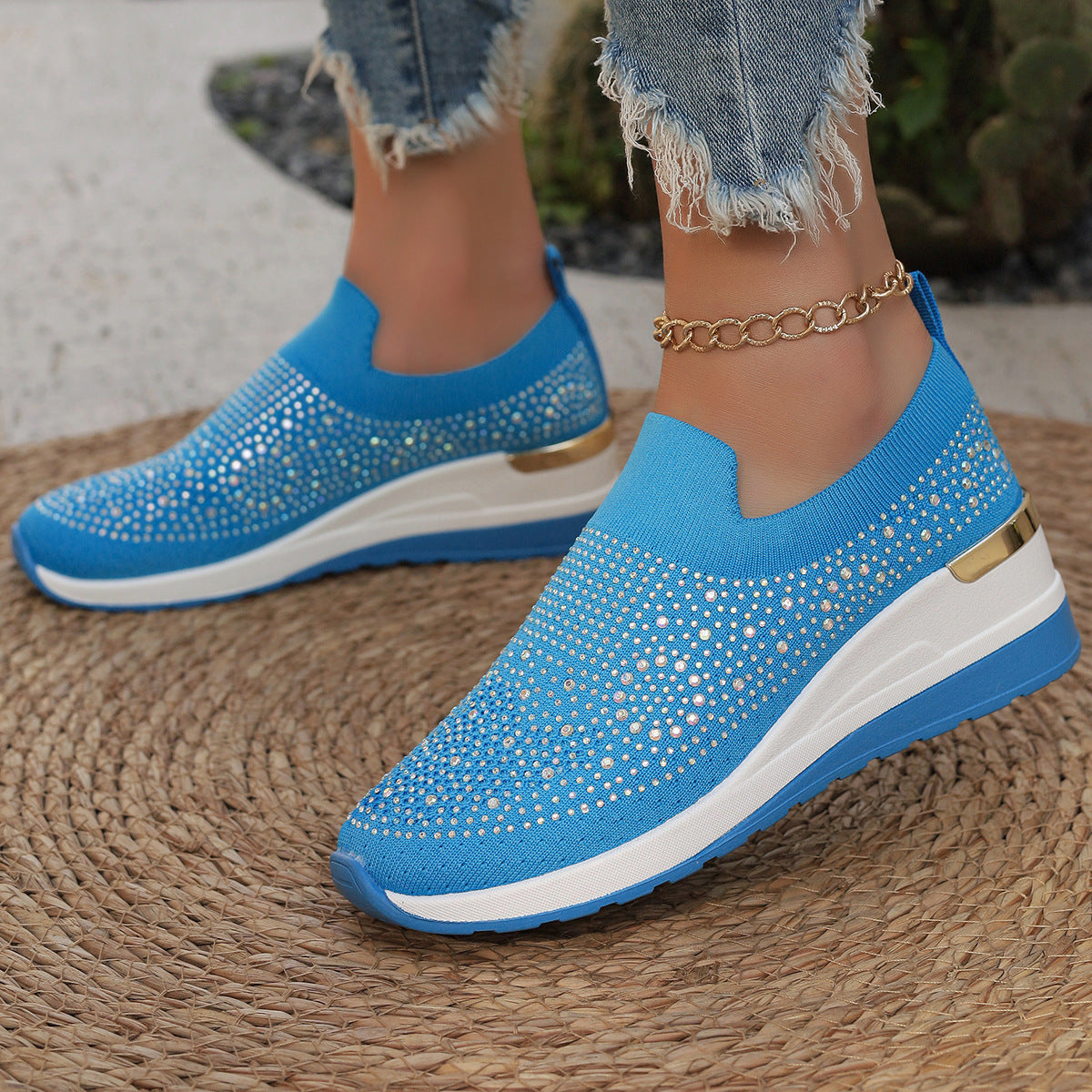 Women's Knit Slip-On Sneakers with Rhinestone Trim, Elastic Entry, and Cushioned Platform Sole
